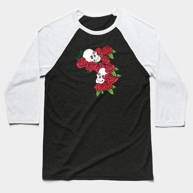 Skull and Roses Baseball T-Shirt by Sirenarts
